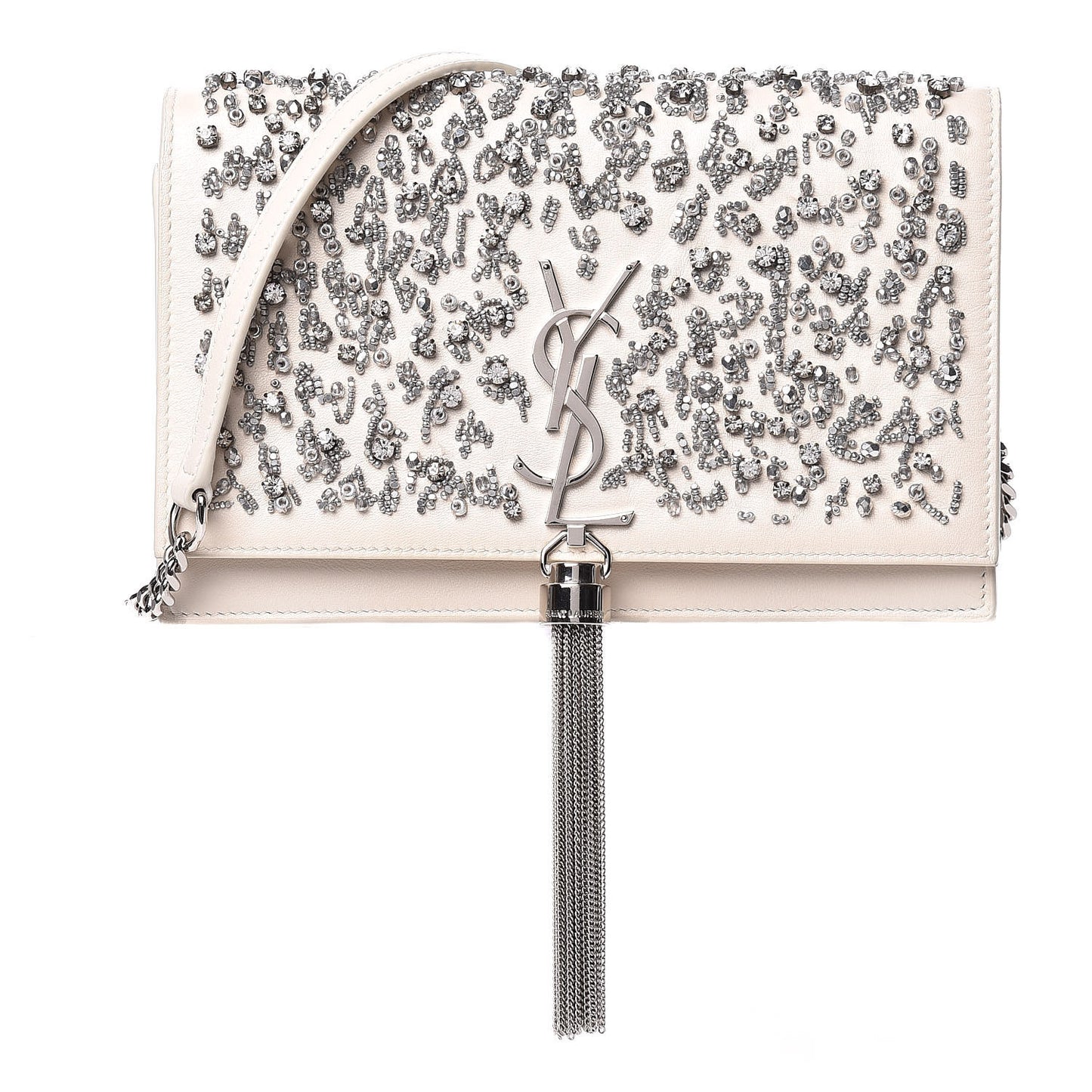 Calfskin Bead Embellished Kate Monogram Tassel Chain Wallet White