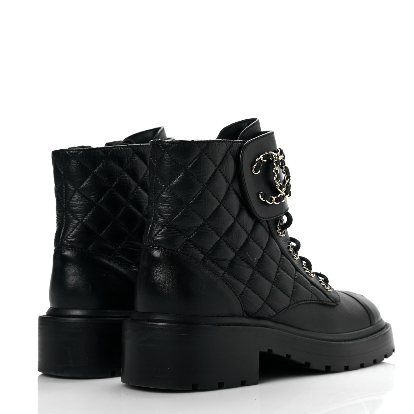 Shiny Calfskin Quilted Lace Up Combat Boots 36.5 Black