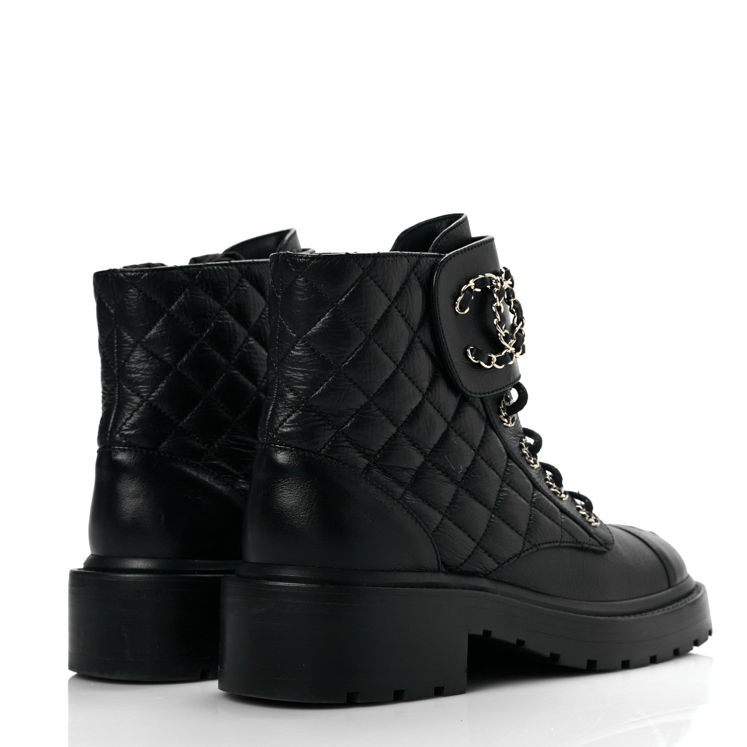 Chanel Shiny Calfskin Quilted Lace Up Combat Boots 36.5 Black 4 of 8