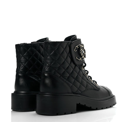 Chanel Shiny Calfskin Quilted Lace Up Combat Boots 36.5 Black 4 of 8