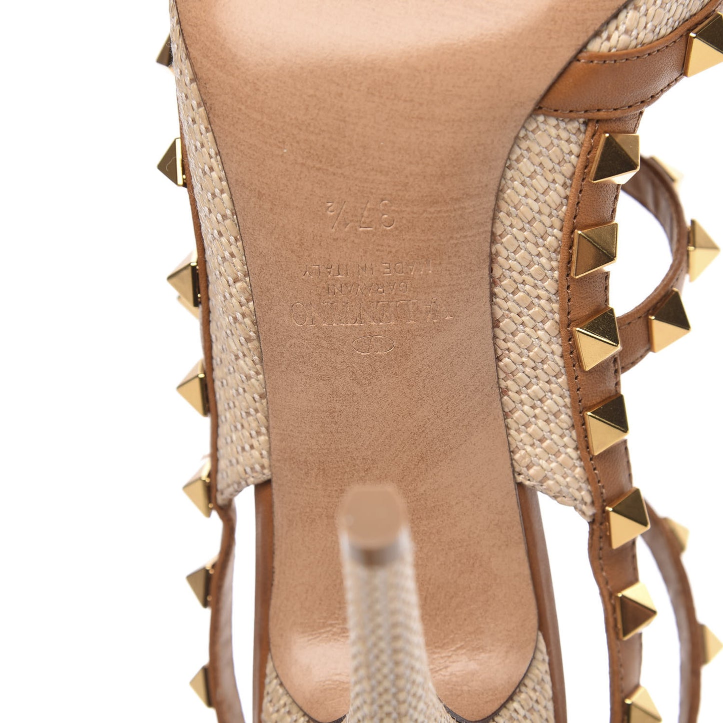 Raffia Calfskin Rockstud Ankle Strap 100mm Pumps 37.5 Natural Saddle Brown