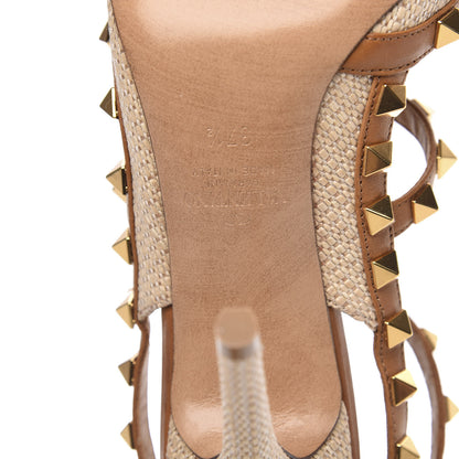 Valentino Garavani Raffia Calfskin Rockstud Ankle Strap 100mm Pumps 37.5 Natural Saddle Brown 6 of 9