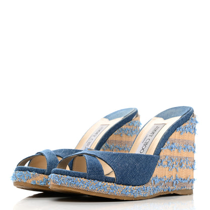 Jimmy Choo Denim Fringed Raffia Almer 105 Wedge Sandals 36 Navy 3 of 10