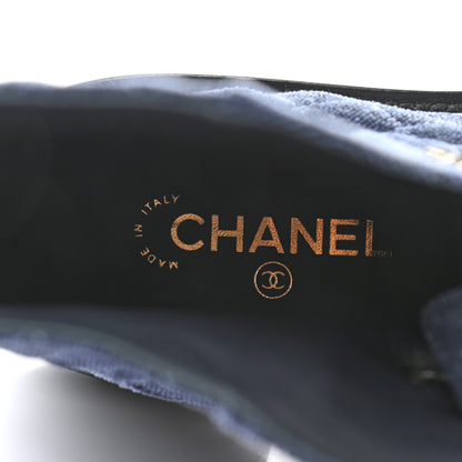 Chanel Shiny Calfskin Velvet Quilted Lace Up Combat Boots 39 Blue Black 6 of 8