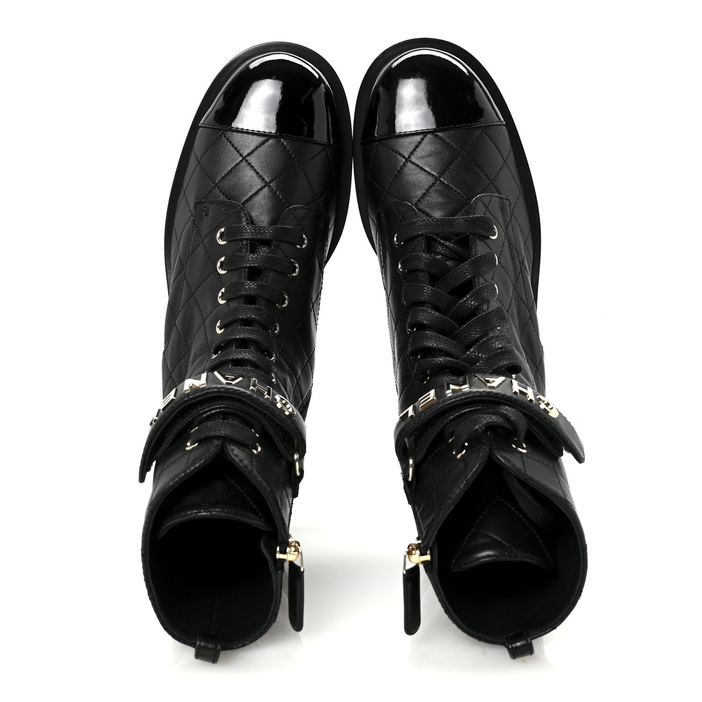 Lambskin Patent Calfskin Quilted Logo Lace Up Combat Boots 40.5 Black