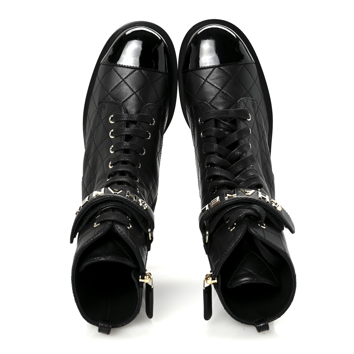 Chanel Lambskin Patent Calfskin Quilted Logo Lace Up Combat Boots 40.5 Black 2 of 10