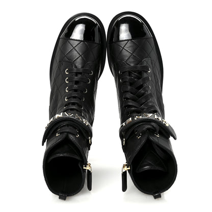 Chanel Lambskin Patent Calfskin Quilted Logo Lace Up Combat Boots 40.5 Black 2 of 10