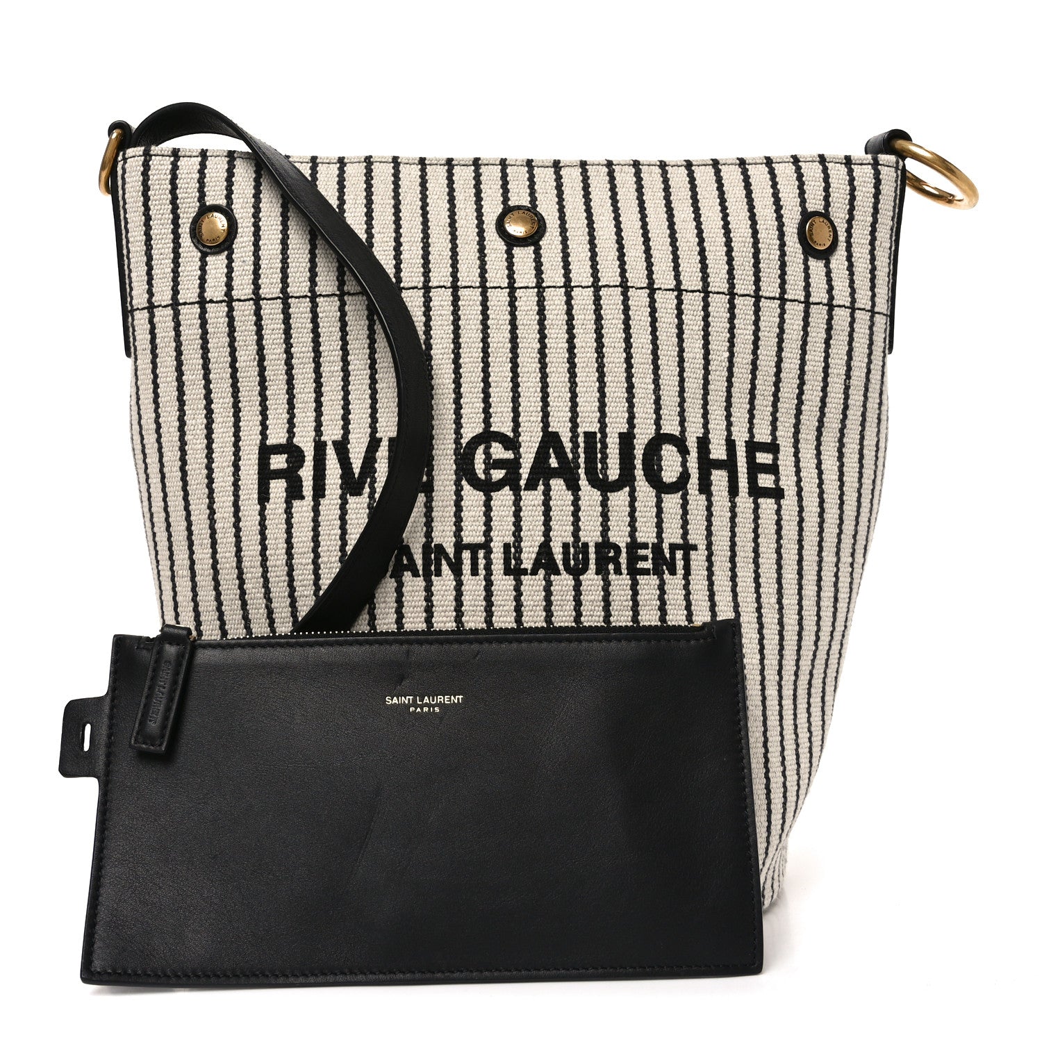 Saint Laurent Linen Calfskin Striped Rive Gauche Bucket Bag Grey Cream Black 3 of 11