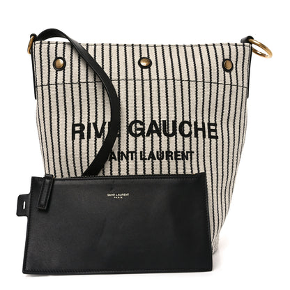 Saint Laurent Linen Calfskin Striped Rive Gauche Bucket Bag Grey Cream Black 3 of 11