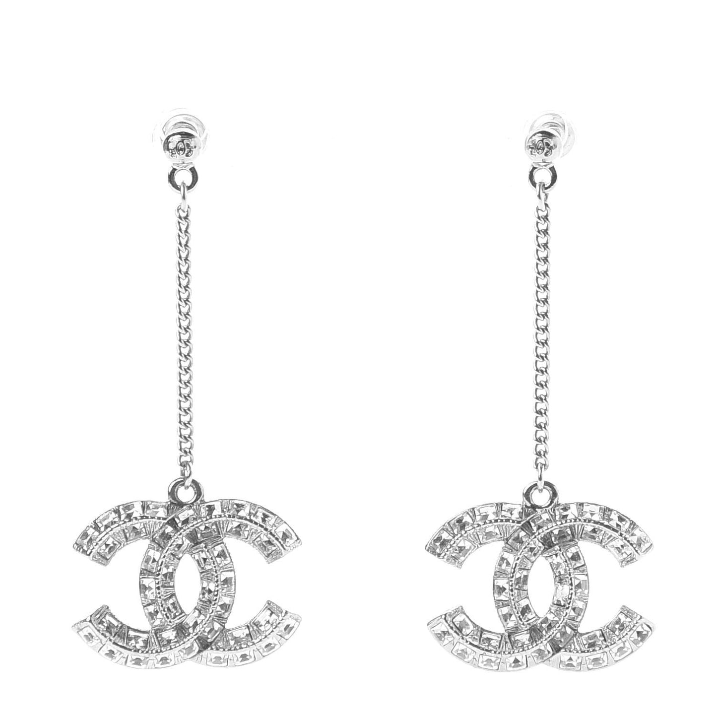 Baguette Crystal CC Drop Earrings Silver