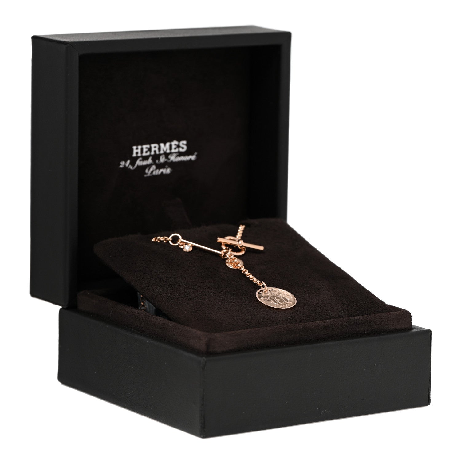 Hermes 18K Rose Gold Diamond PM Ex-Libris Pendant Necklace 5 of 5