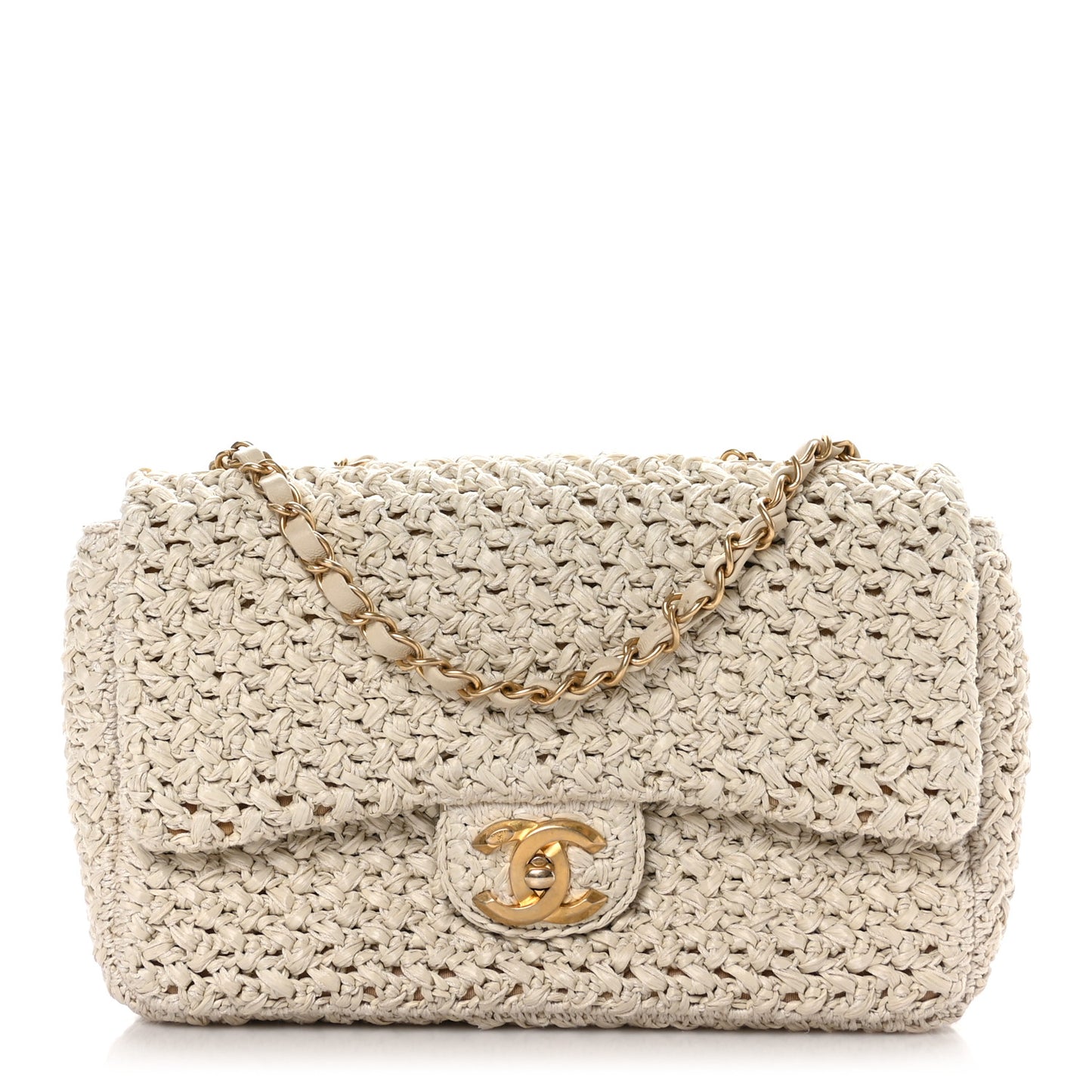 Raffia Crochet Medium Single Flap Bag Beige