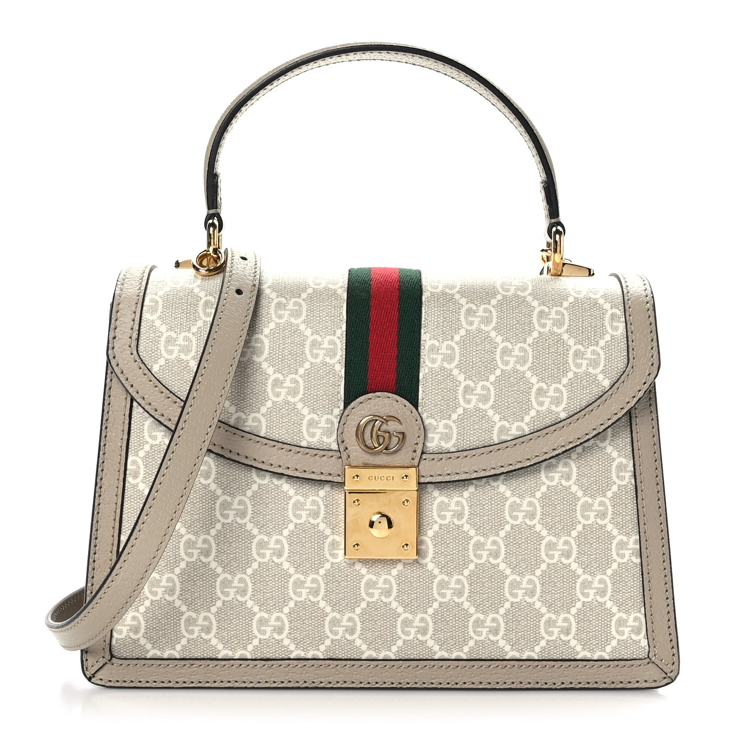 Gucci GG Supreme Monogram Textured Dollar Calfskin Web Small Ophidia Padlock Top Handle Bag Beige Mystic White Oatmeal 1 of 9
