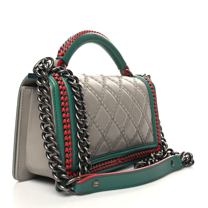 Chanel Lambskin Quilted Medium Top Handle Boy Flap Grey Green Red 3 of 10