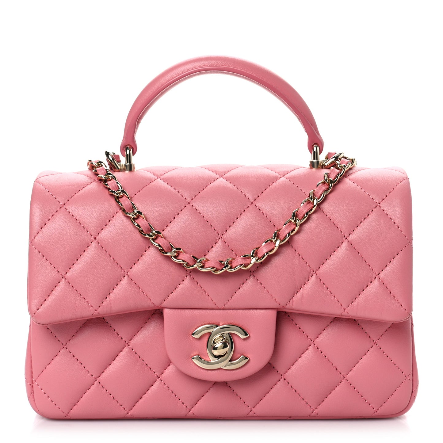 Lambskin Quilted Mini Top Handle Rectangular Flap Pink