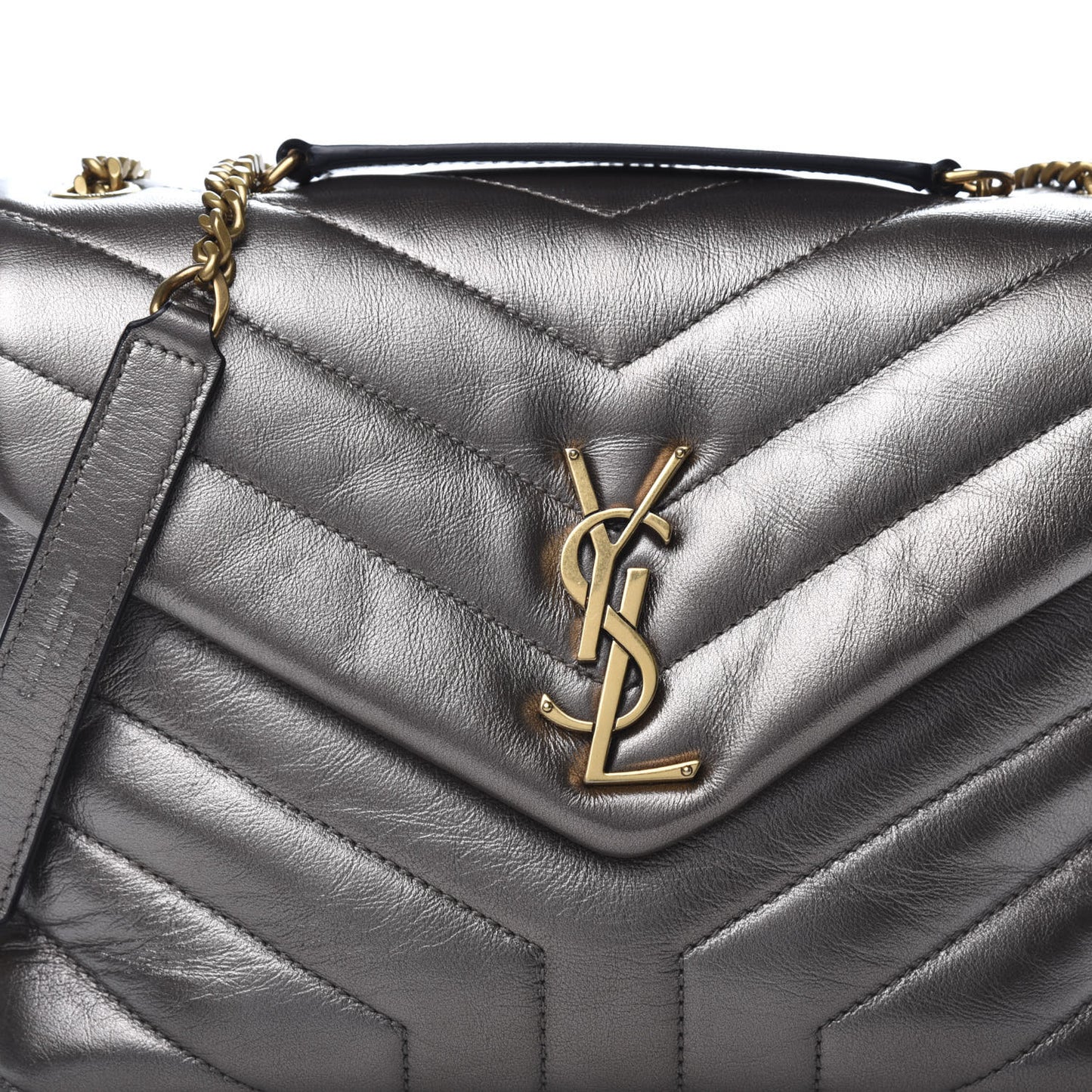 Metallic Calfskin Y Quilted Monogram Small Loulou Chain Satchel Brown Metallic