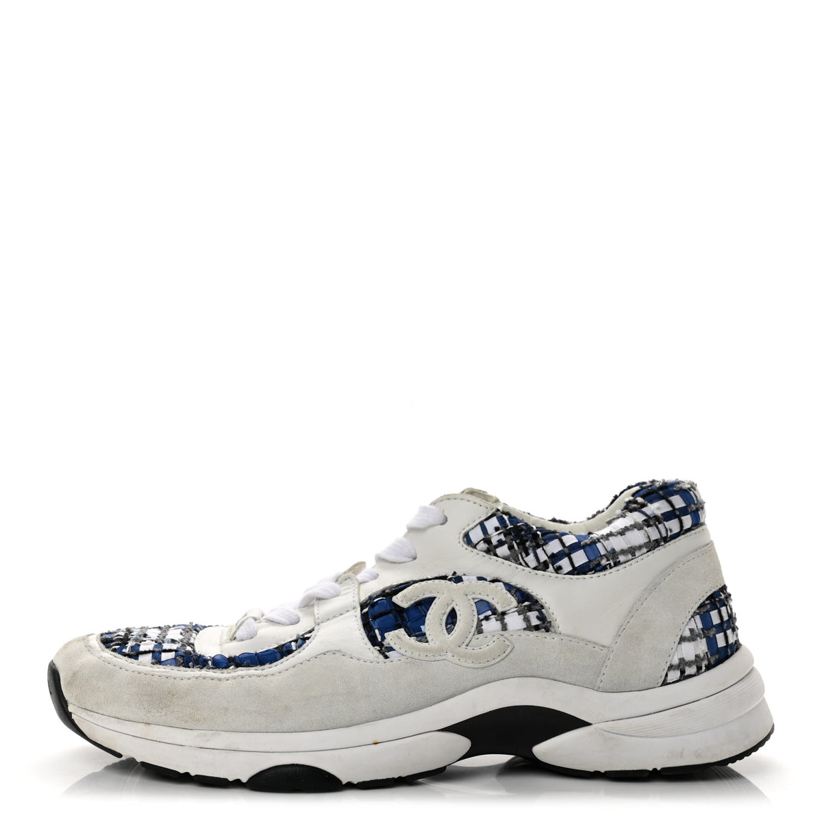 Chanel Tweed Suede Calfskin Womens CC Sneakers 41 Dark Blue Black Grey White 1 of 9