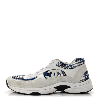 Chanel Tweed Suede Calfskin Womens CC Sneakers 41 Dark Blue Black Grey White 1 of 9