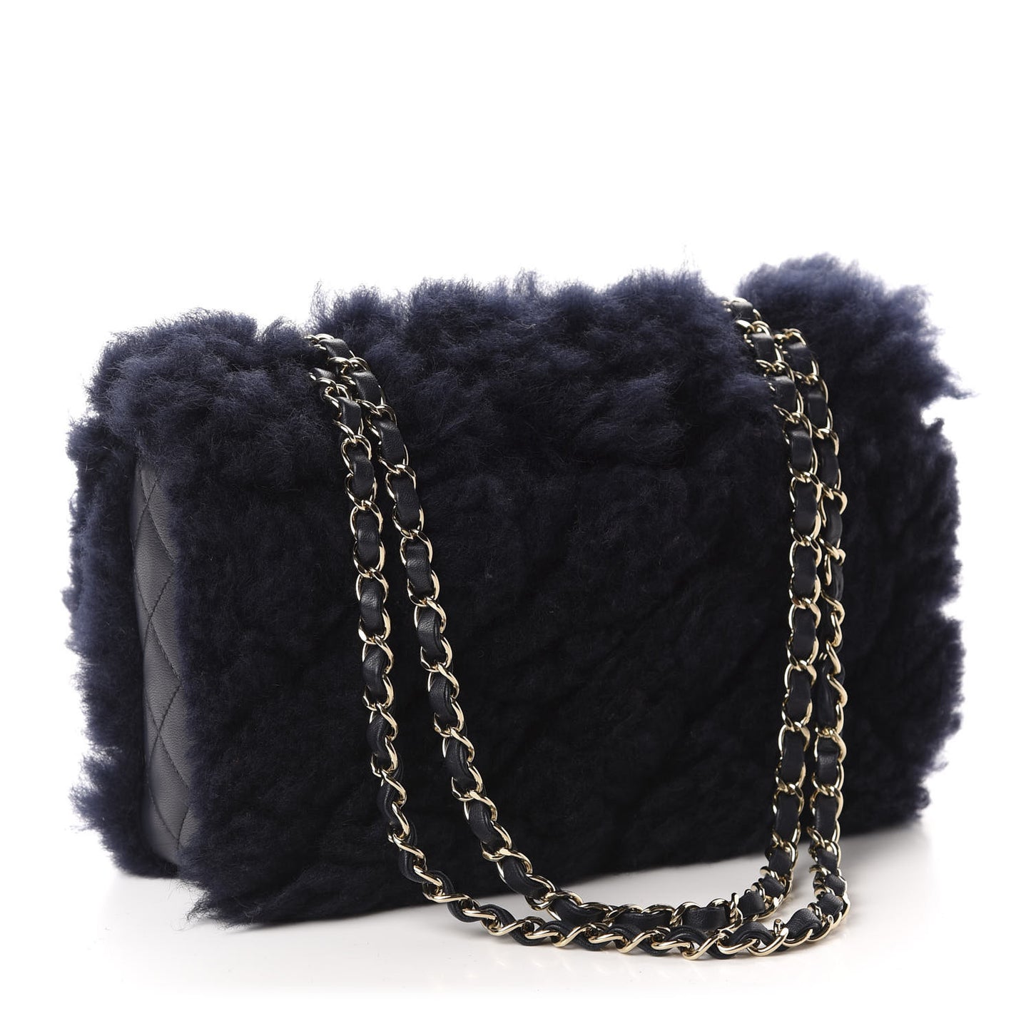 Shearling Lambskin Quilted Medium Single Flap Navy Blue