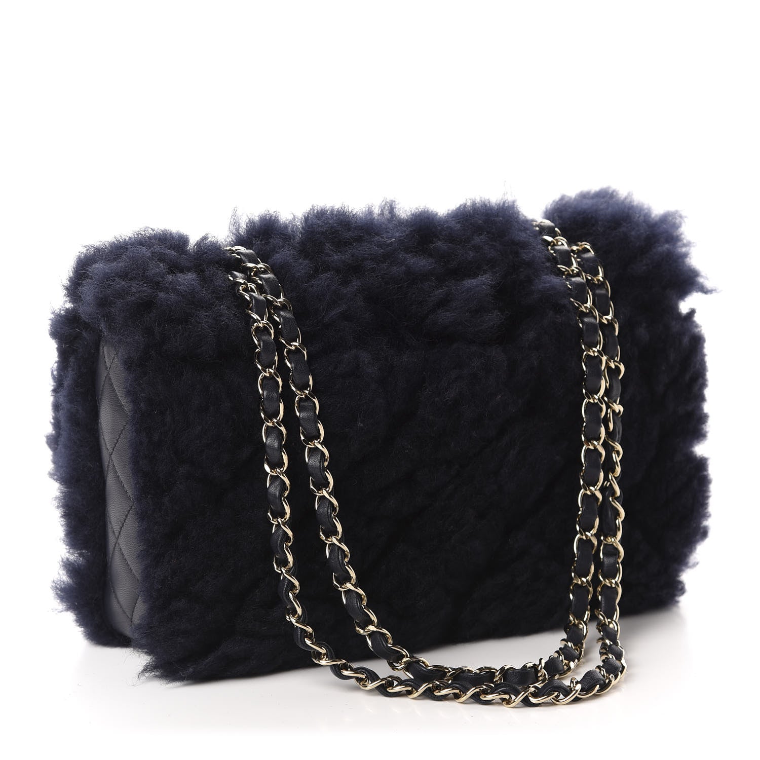 Chanel Shearling Lambskin Quilted Medium Single Flap Navy Blue 3 of 10