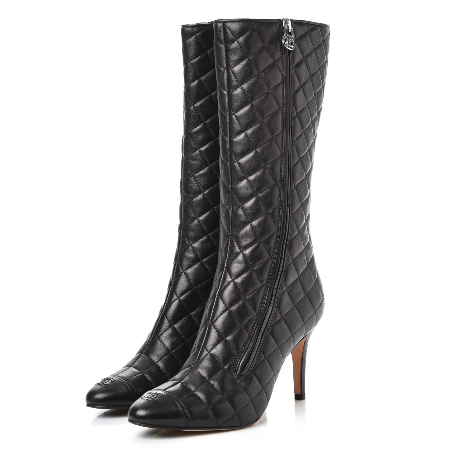 Lambskin Quilted CC Cap Toe Boots 38.5 Black