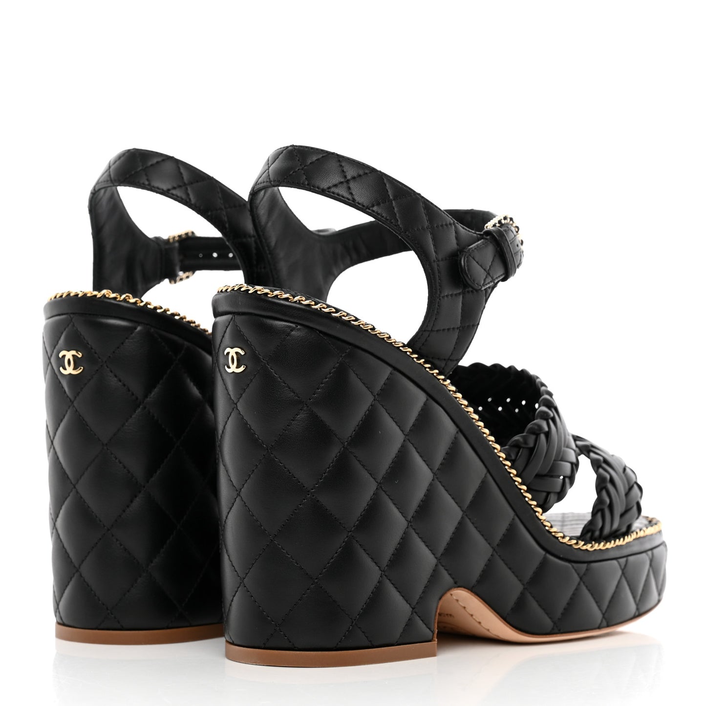 Calfskin Quilted Chain Around Wedge Sandals 40 Black
