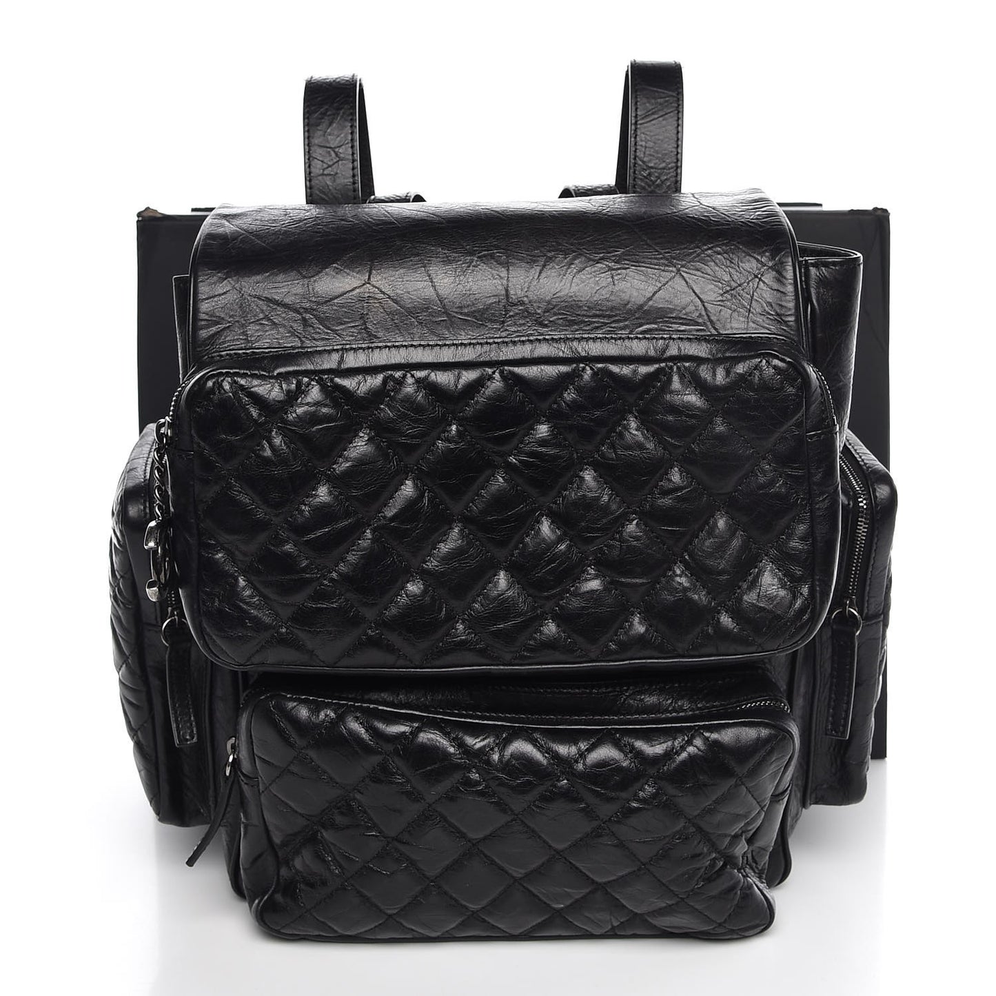Aged Calfskin Quilted Large Casual Rock Backpack Black