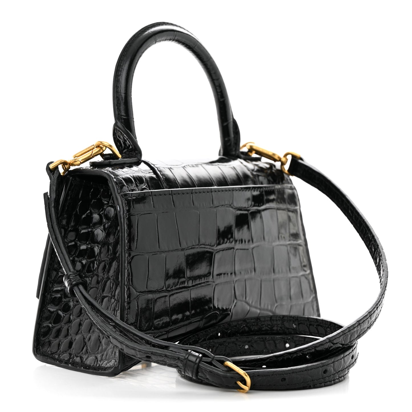 Shiny Calfskin Crocodile Embossed Hourglass Top Handle Bag XS Black