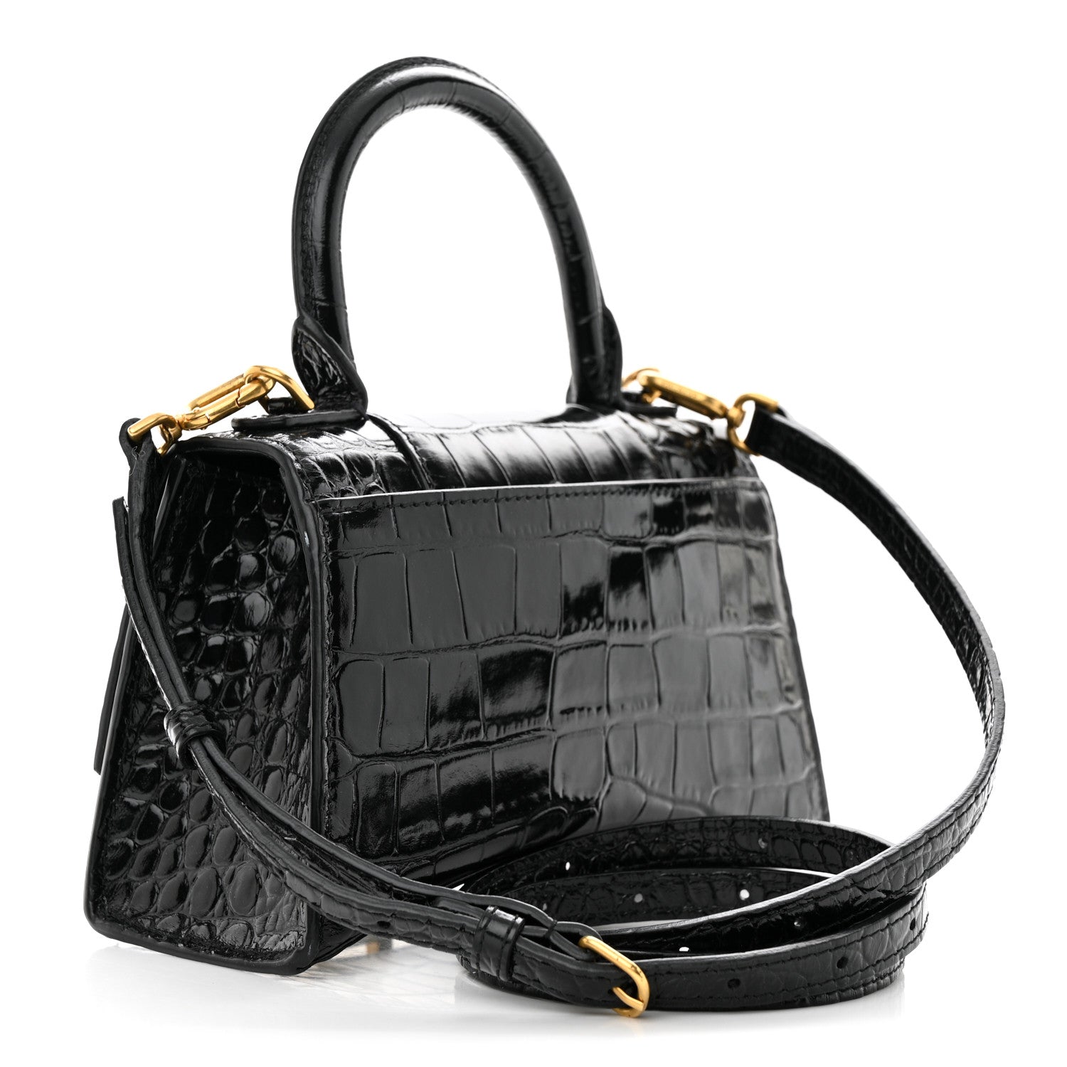 Balenciaga Shiny Calfskin Crocodile Embossed Hourglass Top Handle Bag XS Black 3 of 10