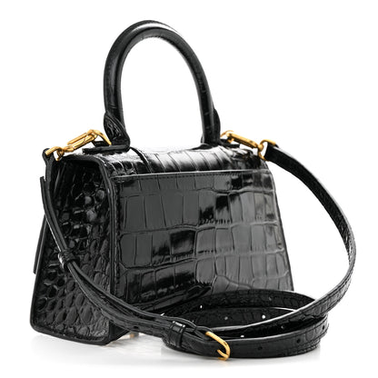 Balenciaga Shiny Calfskin Crocodile Embossed Hourglass Top Handle Bag XS Black 3 of 10