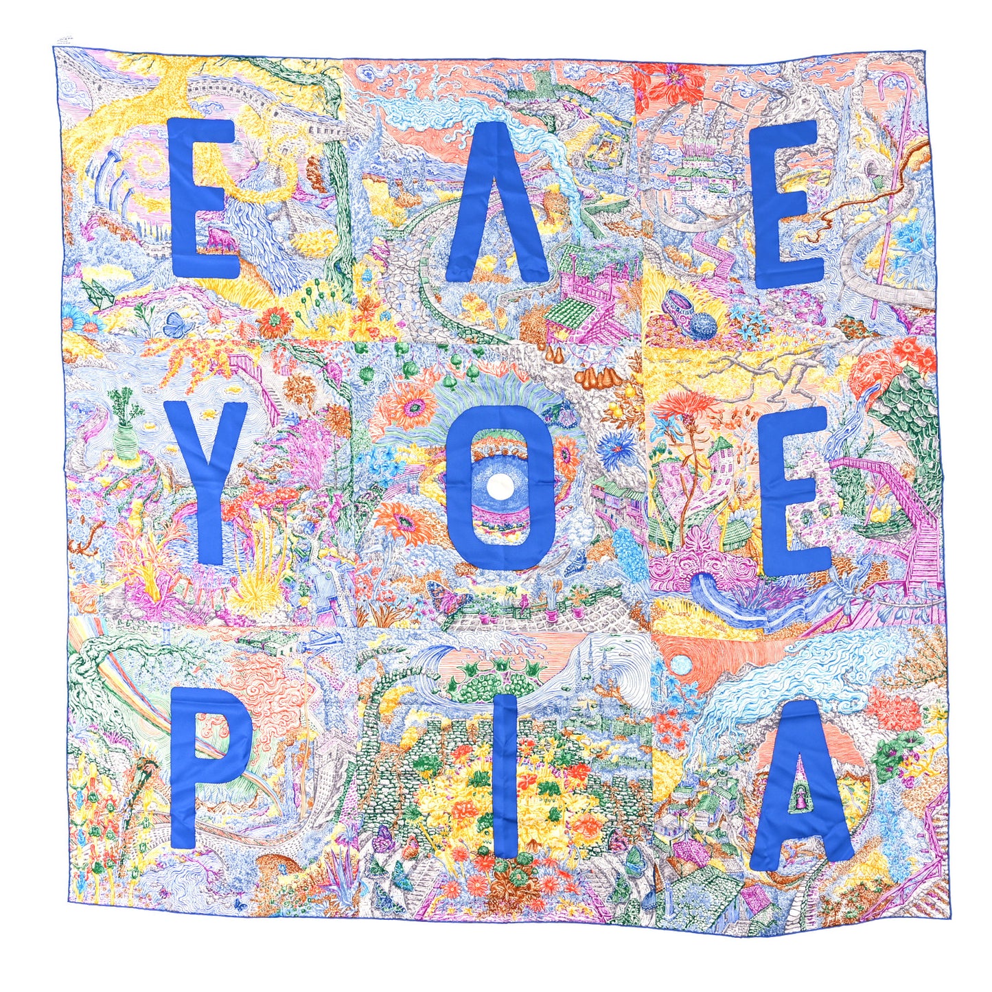 Silk Geant Eleftheria Scarf 140 Gris Argent Bleu Vif Jaune