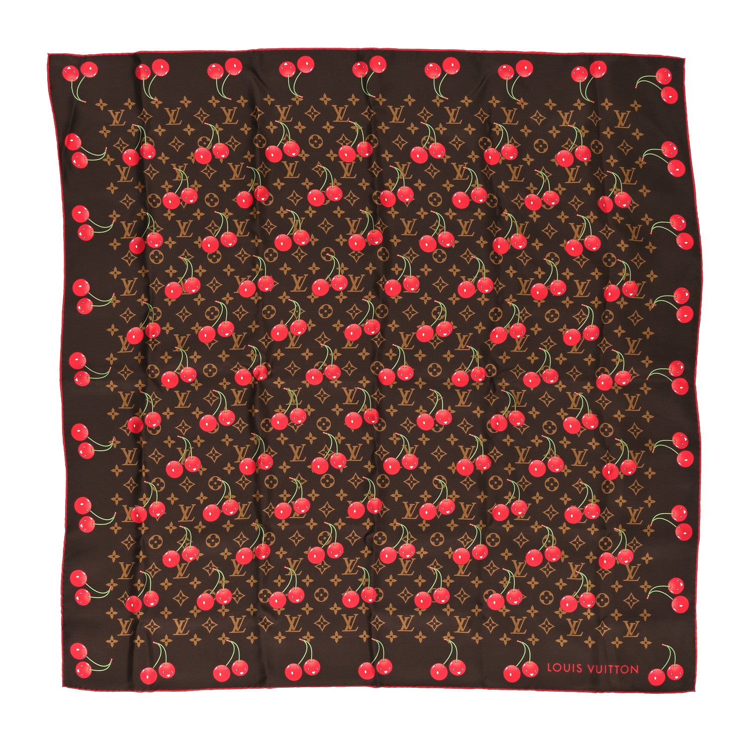 Louis Vuitton LV X TM Silk Monogram Cerises Square Scarf 90 Brown 1 of 3