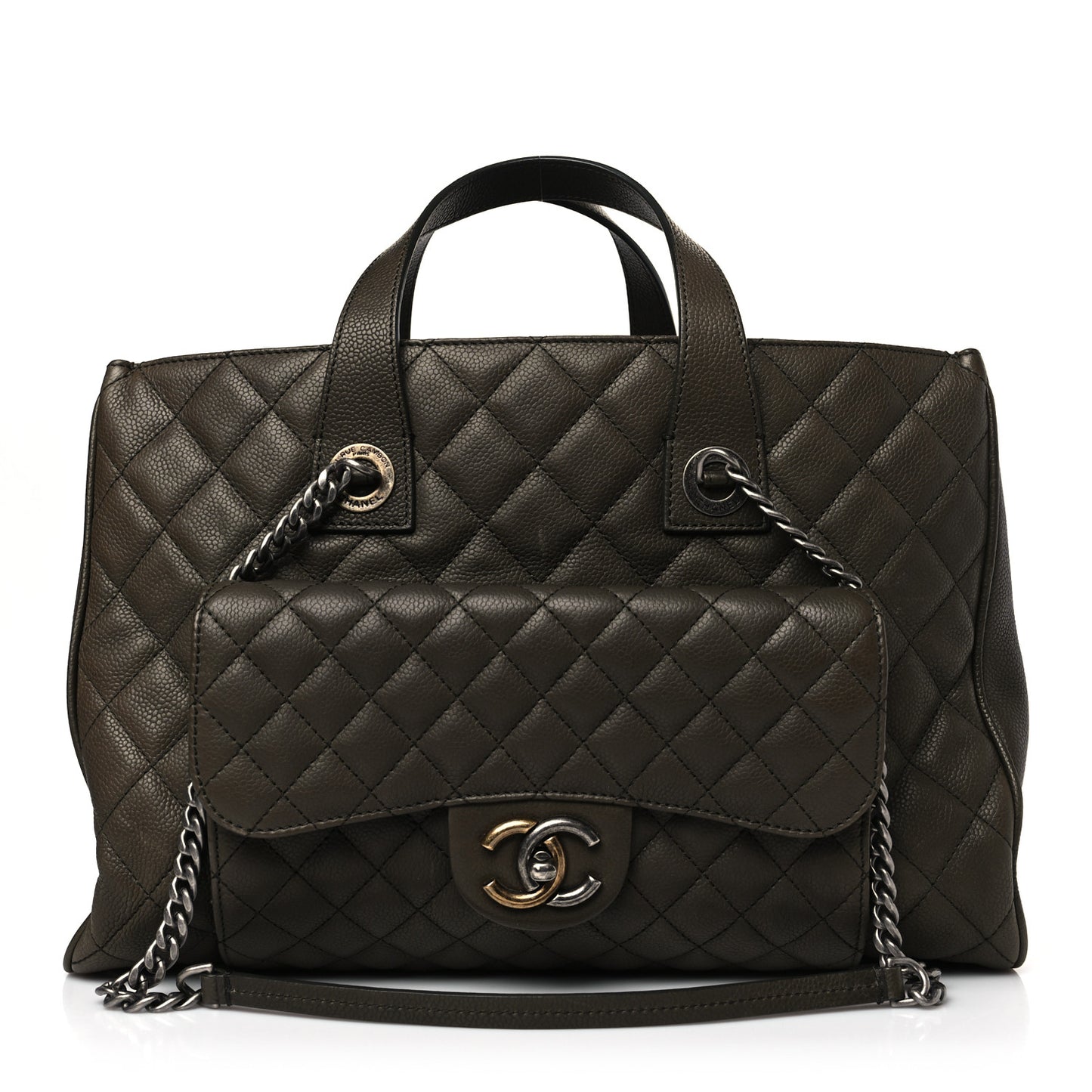 Caviar Quilted Large Casual Pocket Tote Khaki