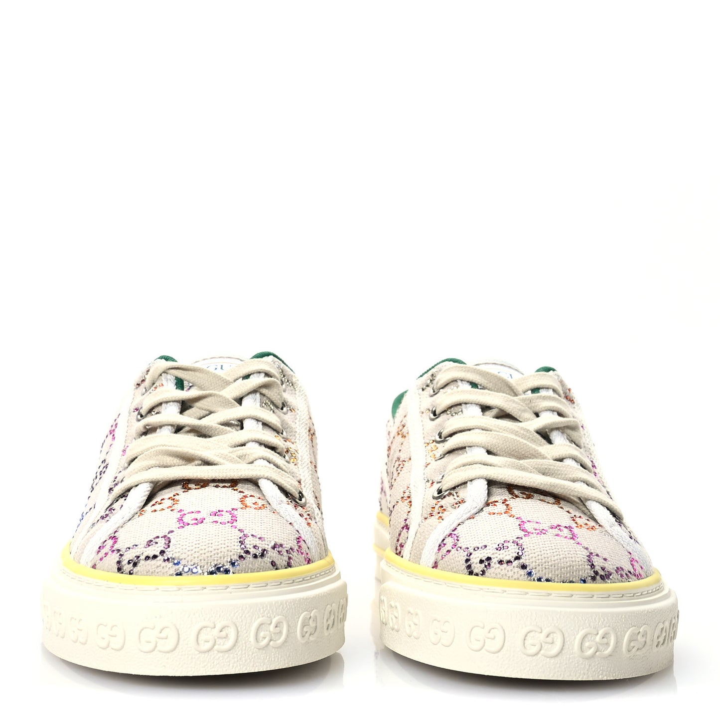 Canvas Lame Crystal GG Monogram Womens 1977 Tennis Sneakers 41 Gardenia Silver Mystic White
