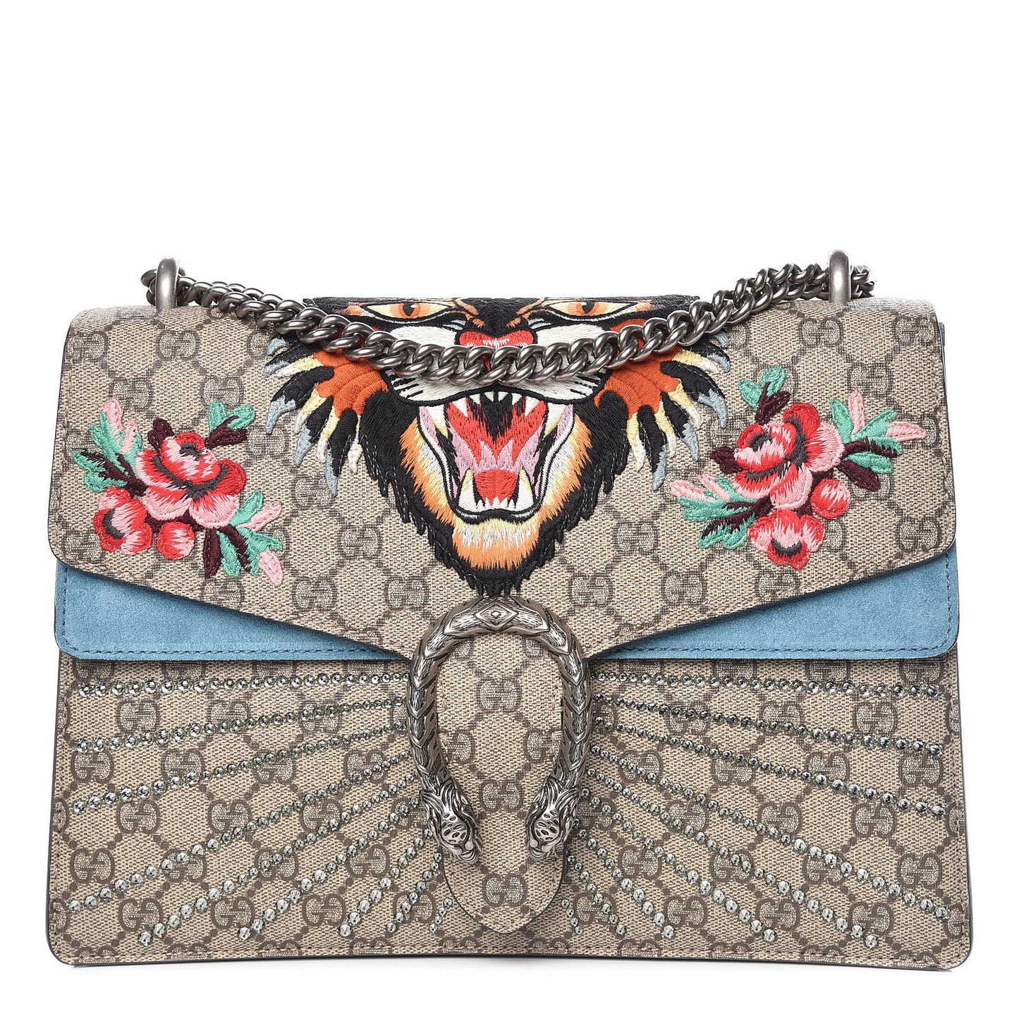 GG Supreme Monogram Angry Cat Embroidered Medium Dionysus Shoulder Bag Beige Ultramarine