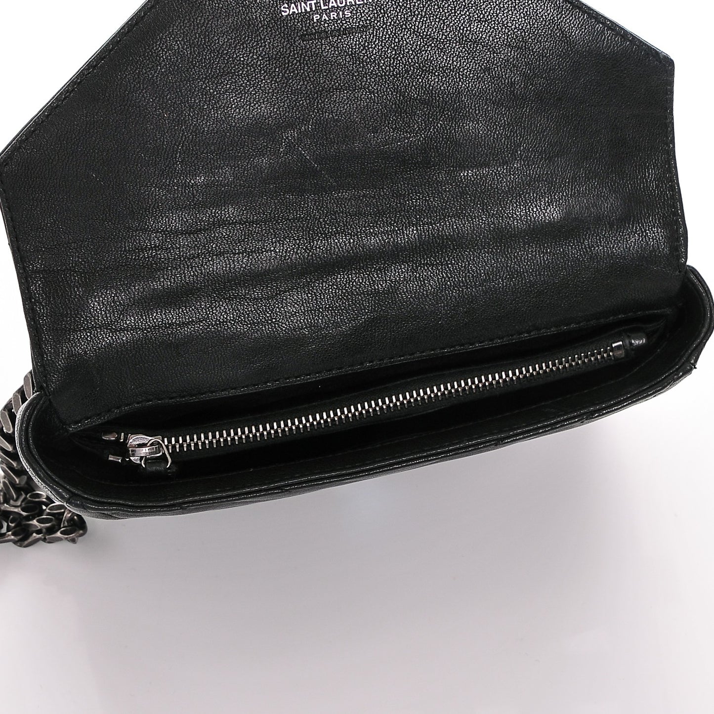 Sheepskin Matelasse Chevron Monogram College Chain Wallet Black
