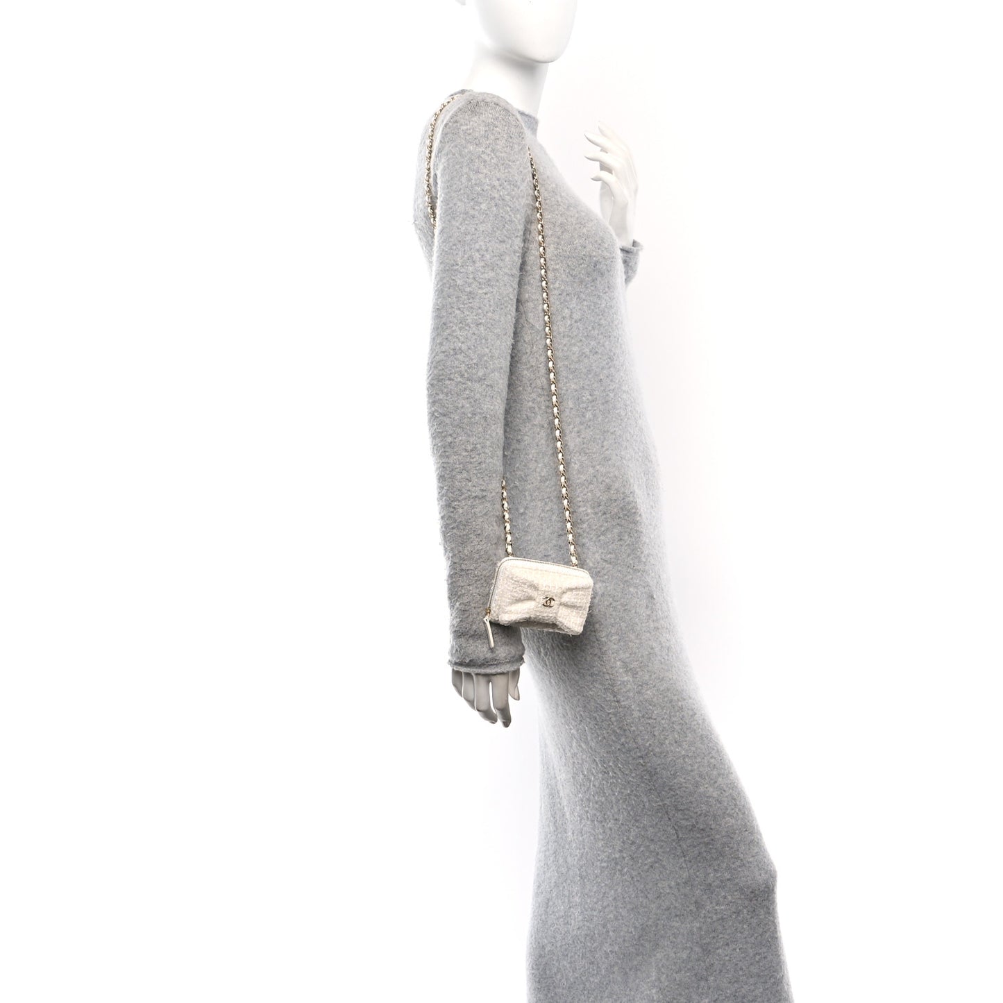 Tweed Quilted Bow Flap Card Holder On Chain White