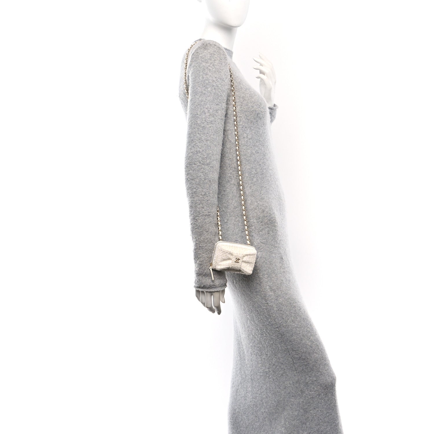 Chanel Tweed Quilted Bow Flap Card Holder On Chain White 2 of 11