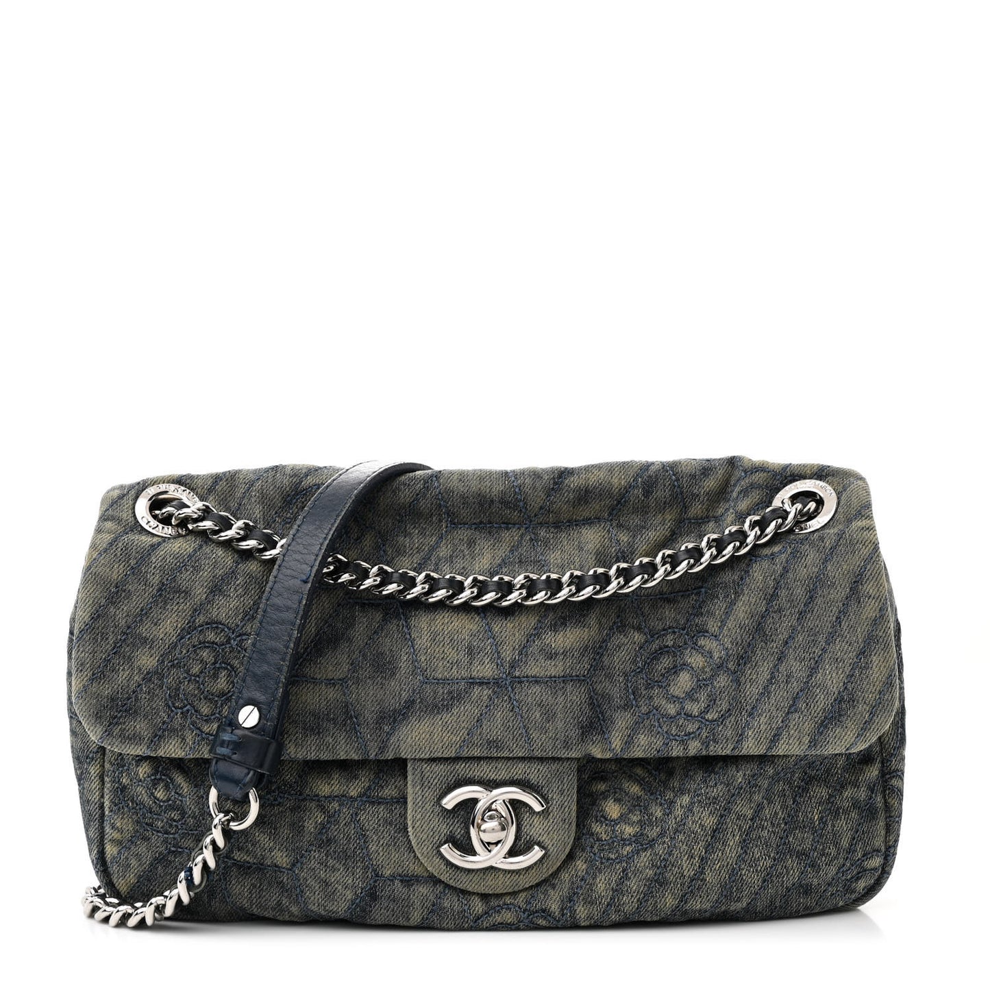 Denim Quilted Camellia Embroidered Medium Flap Blue