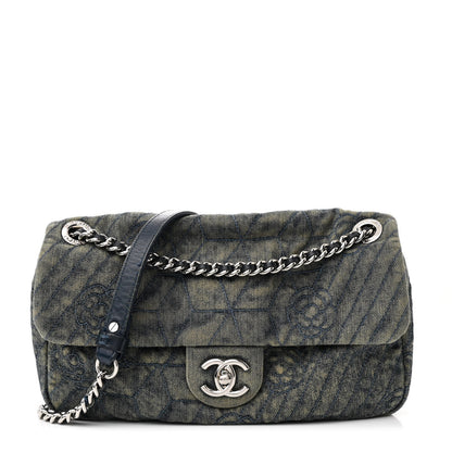 Chanel Denim Quilted Camellia Embroidered Medium Flap Blue 1 of 12