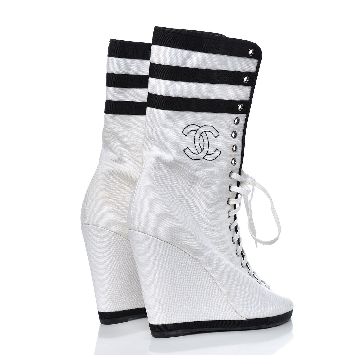 Canvas Lace Up Wedge Boots 37.5 White Black