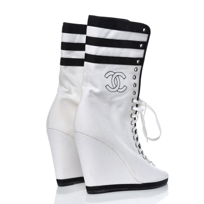 Chanel Canvas Lace Up Wedge Boots 37.5 White Black 4 of 13