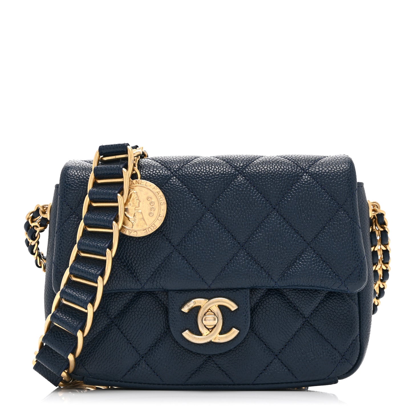 Caviar Quilted Small Twist Your Buttons Flap Blue