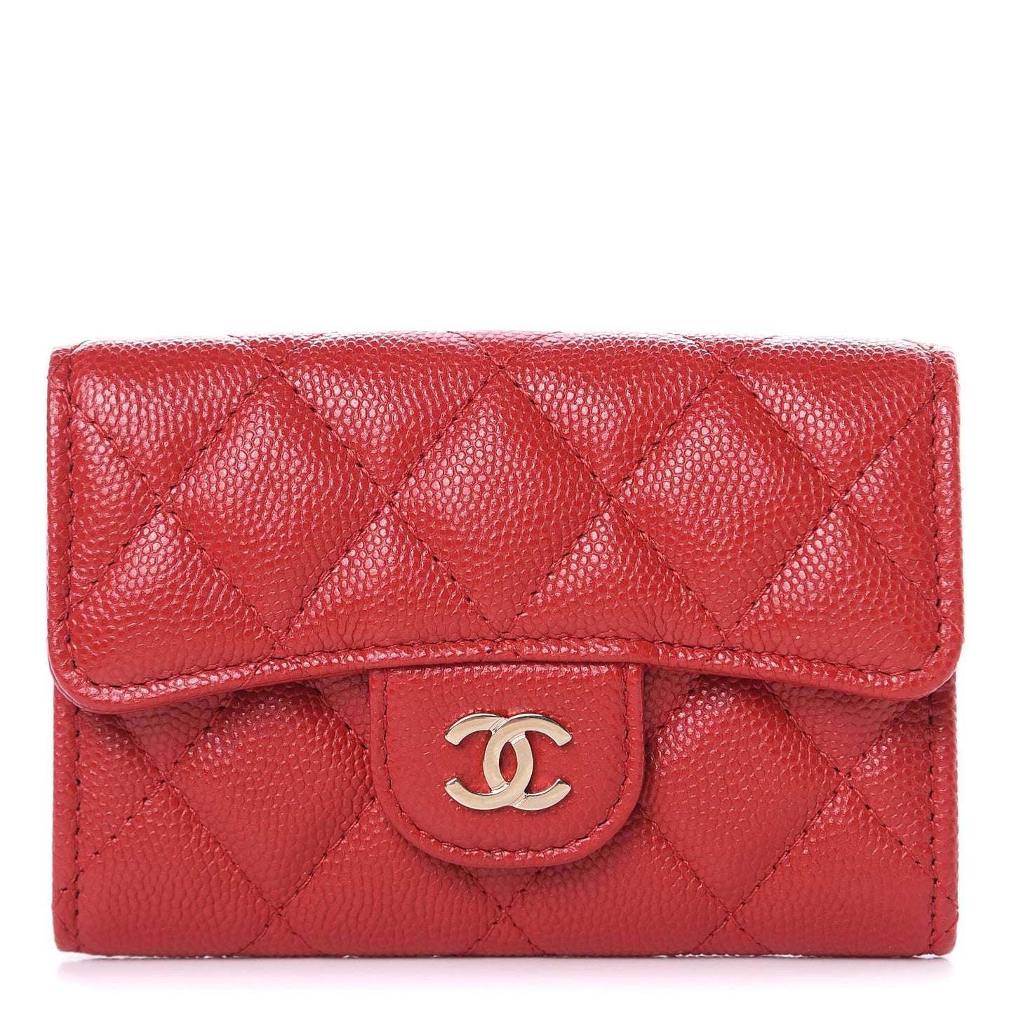 Caviar Quilted Flap Card Holder Wallet Red