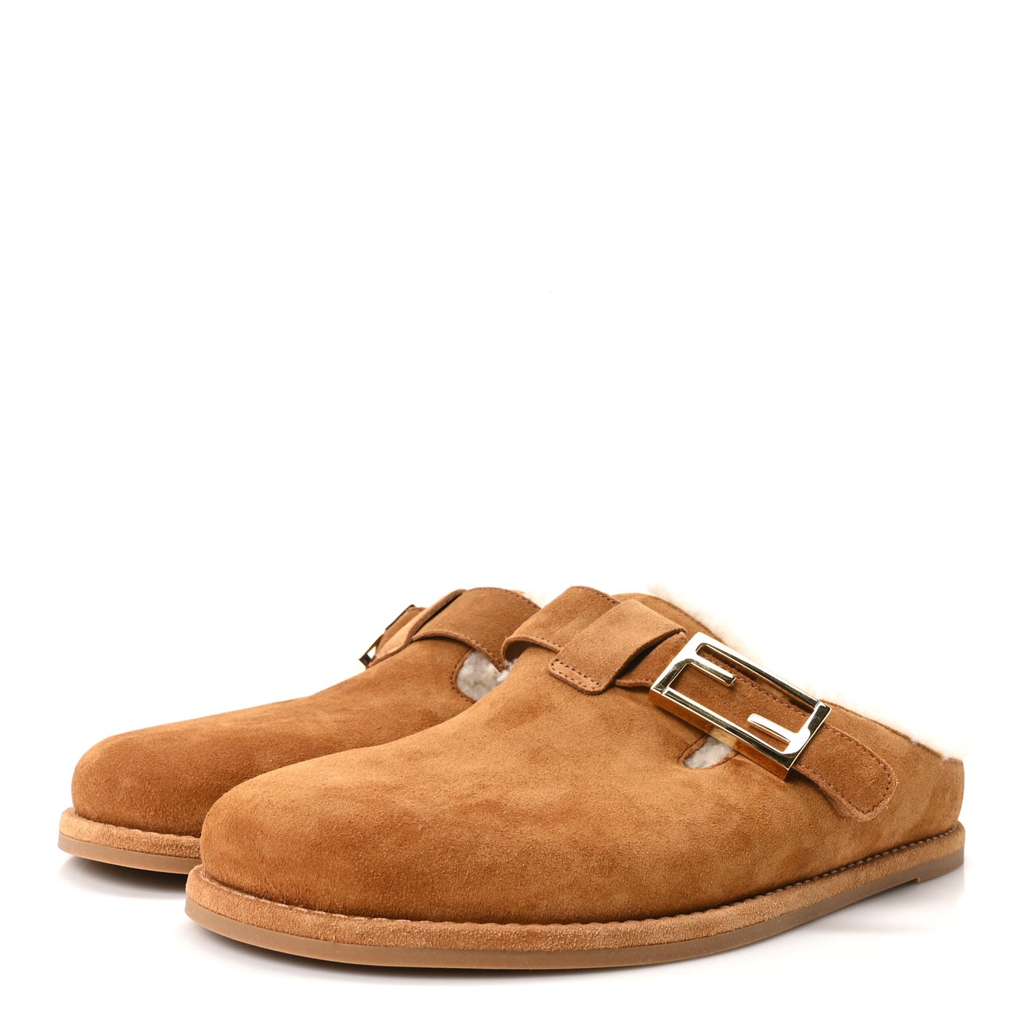 Suede Shearling Fendi Feel Buckled Clogs 39 Caramel Latte