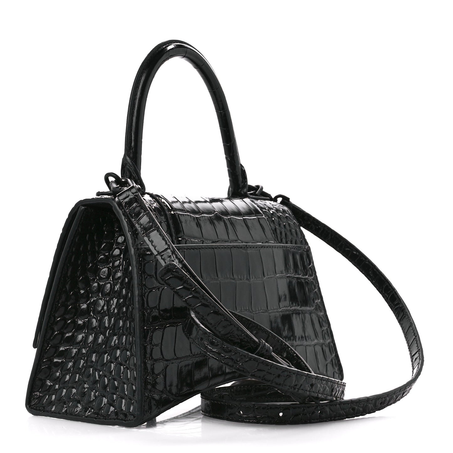 Shiny Calfskin Monochrome Crocodile Embossed Small Hourglass Top Handle Bag Black