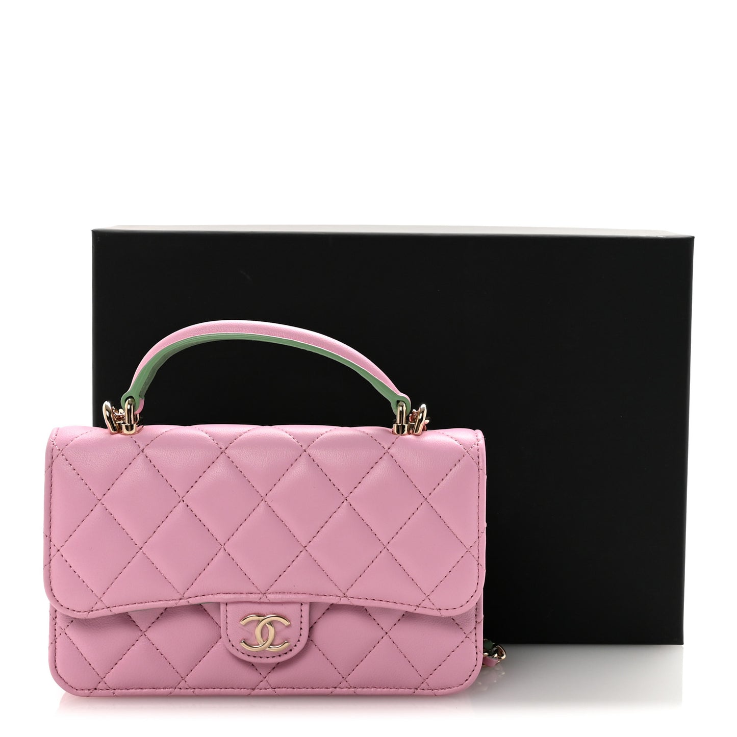 Lambskin Quilted Flap Phone Holder With Chain Lilac Light Green