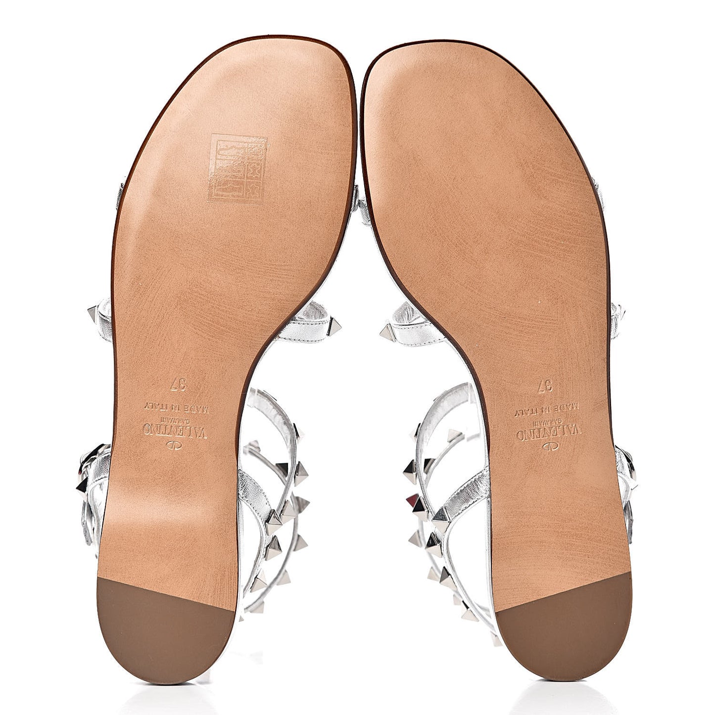 Metallic Nappa Rockstud Gladiator Flat Sandals 37 Silver