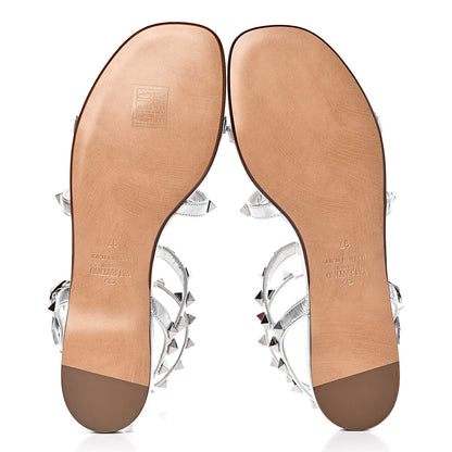 Valentino Garavani Metallic Nappa Rockstud Gladiator Flat Sandals 37 Silver 5 of 12