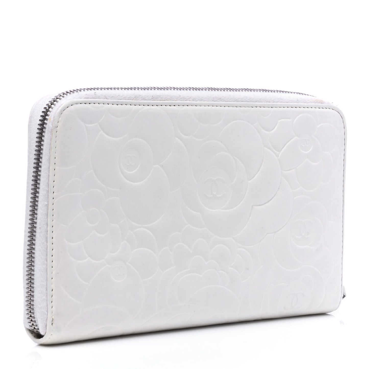 Lambskin Camellia Embossed Zip Around Organizer Wallet Off White